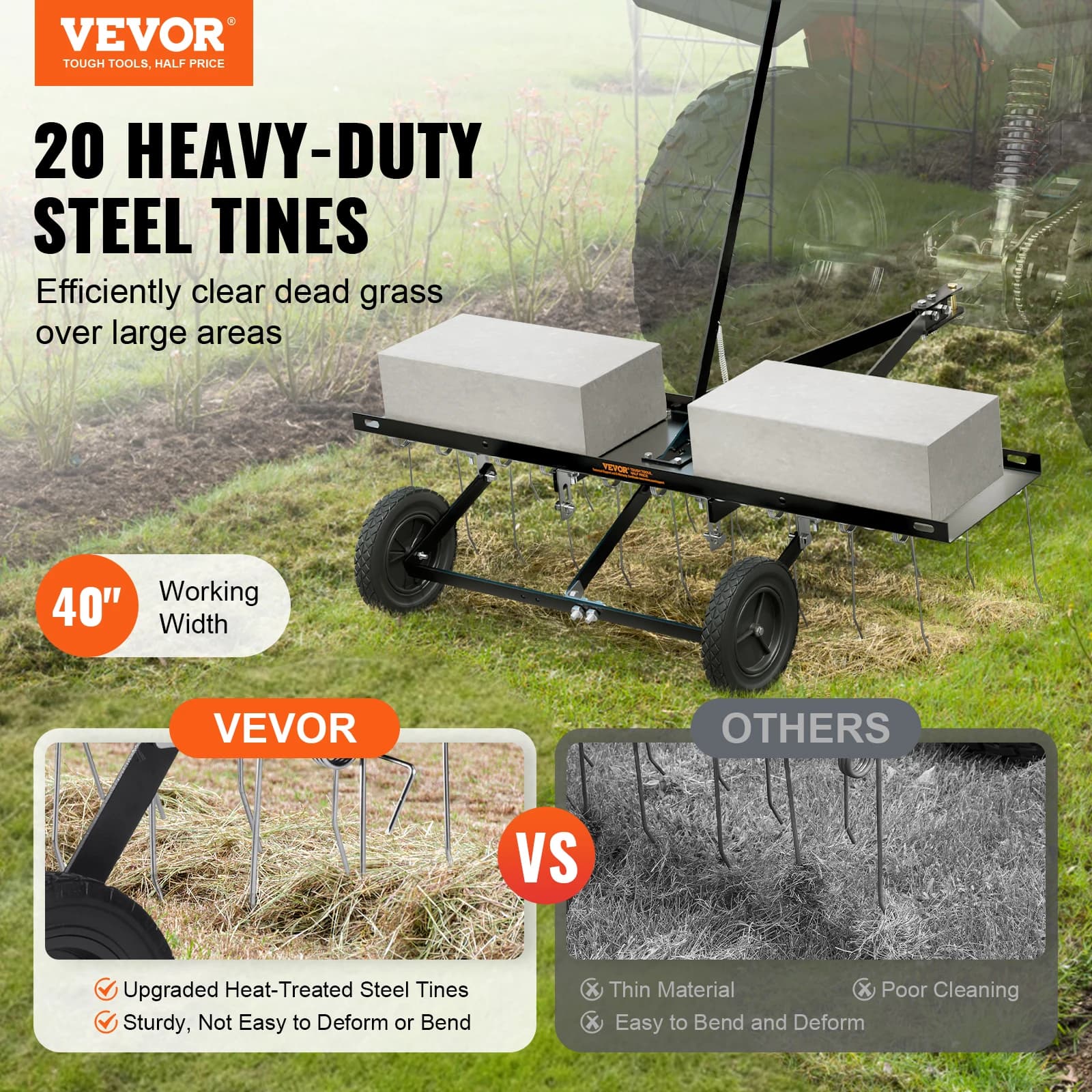 Behind Dethatcher | 40in Width with 20 Steel Tines | ATV & Lawn Mower Attachment for Lawn Care - Thumbnail 2