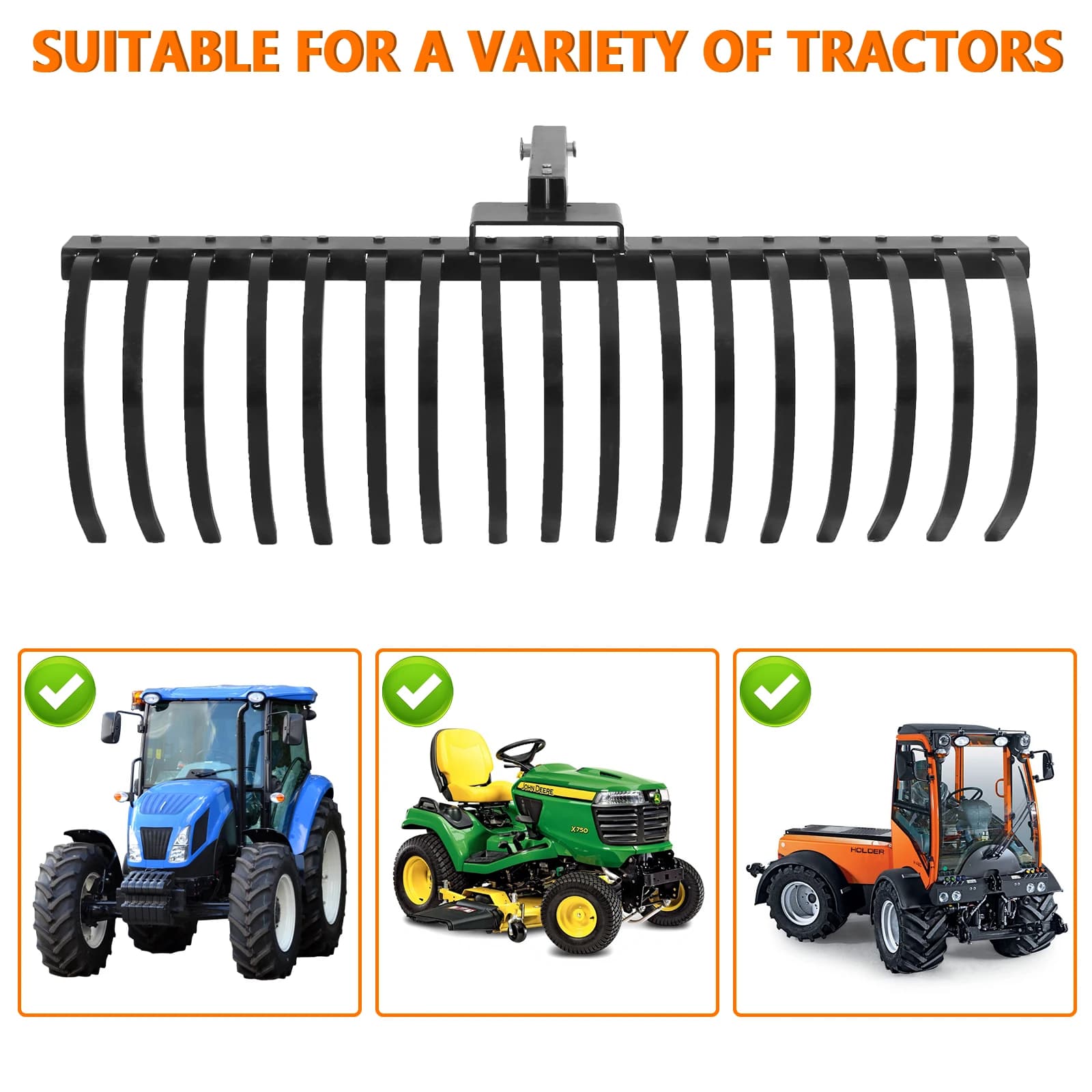 49-Inch Tractor Rake | 18-Tooth Rust-Proof Scarifier | Easy Install for Lawn Tractors & UTVs - Thumbnail 3