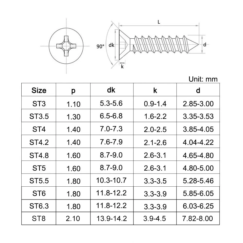 316 Stainless Steel Wood Screws | Self Tapping Countersunk Head | M3.5-M6.3 Phillips Fasteners - Thumbnail 2