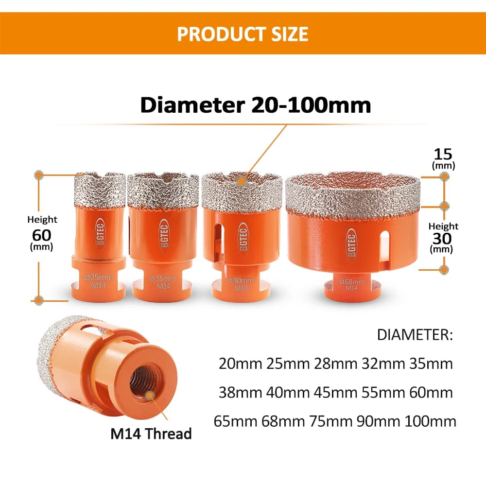 Diamond Core Drill Bit Set | M14 Thread for Porcelain & Granite | 6-110mm Hole Saw Kit - Thumbnail 5