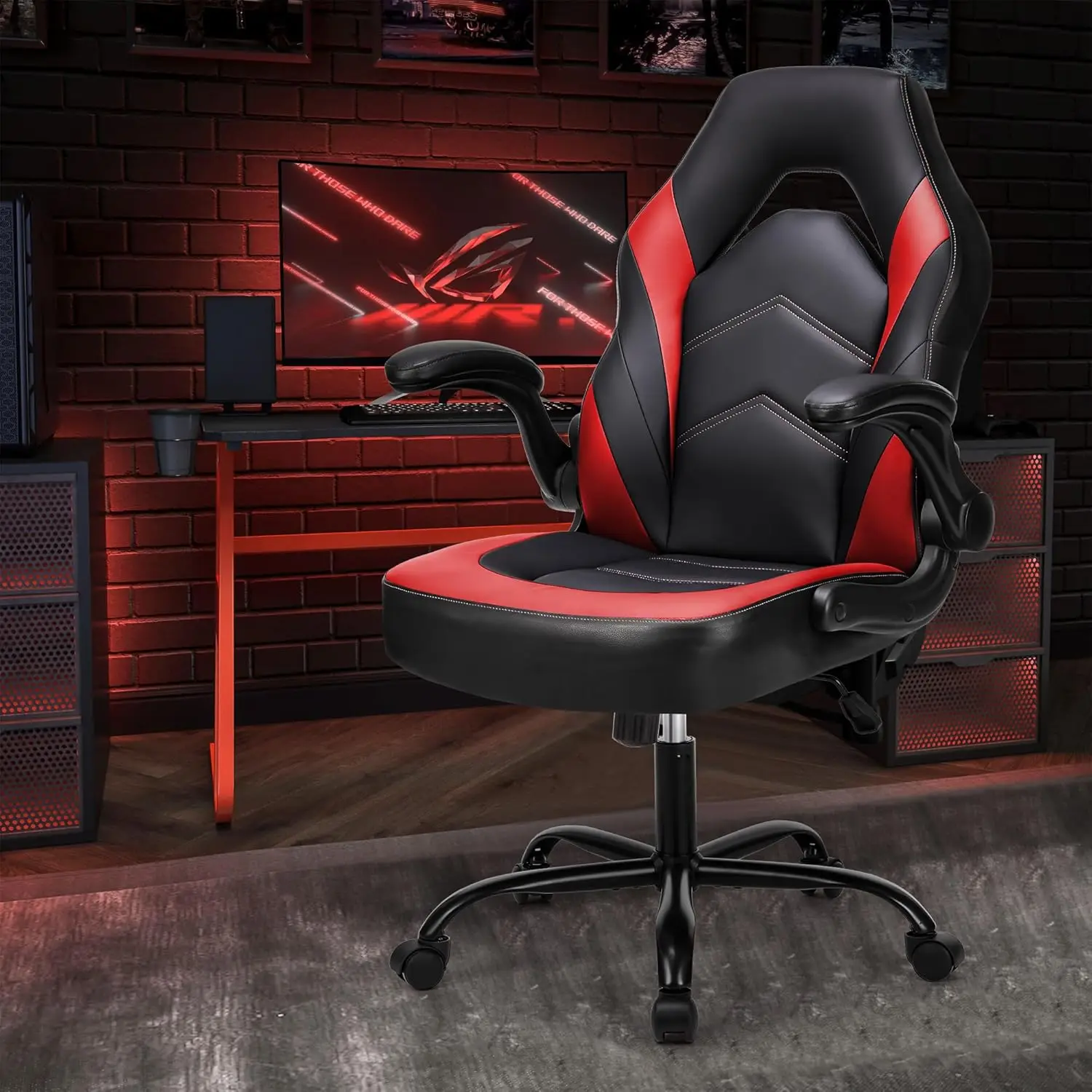 Red Ergonomic Chair | Flip-up Armrests & Adjustable Height | PU Leather Gaming & Office Desk Chair - Thumbnail 2