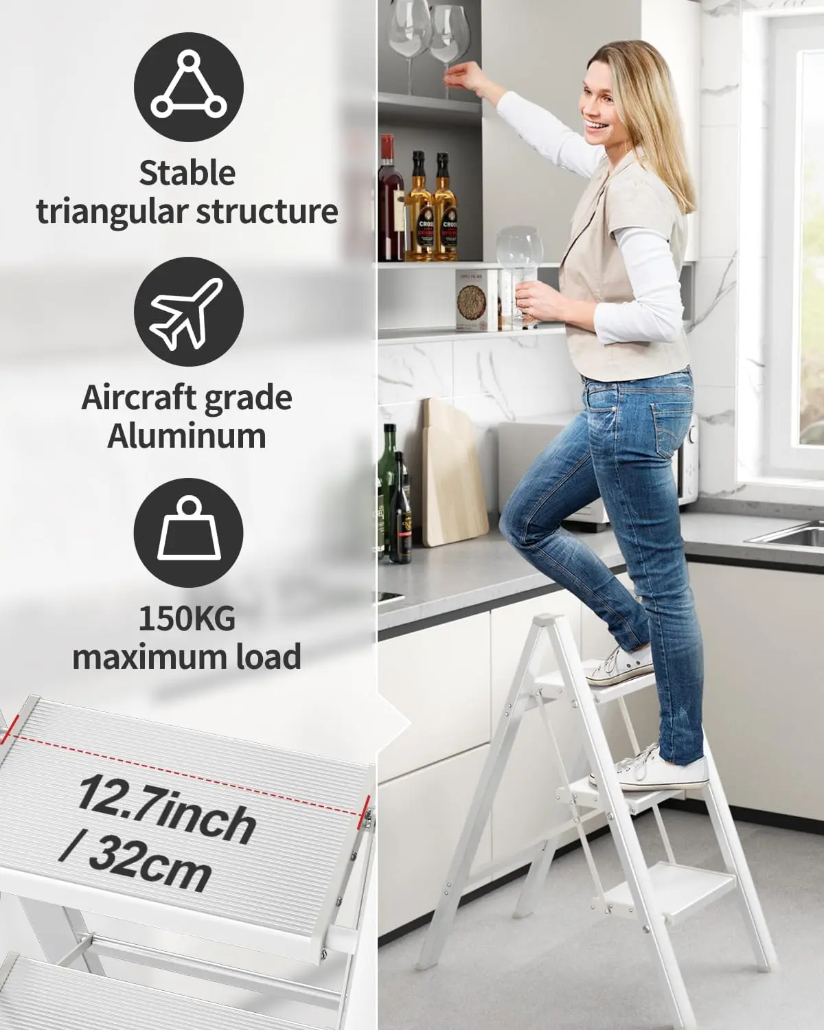 3/4 Step Aluminum Ladder | Folding with Wide Rungs & Non-Slip Feet | 150kg Capacity Lightweight Design - Thumbnail 3