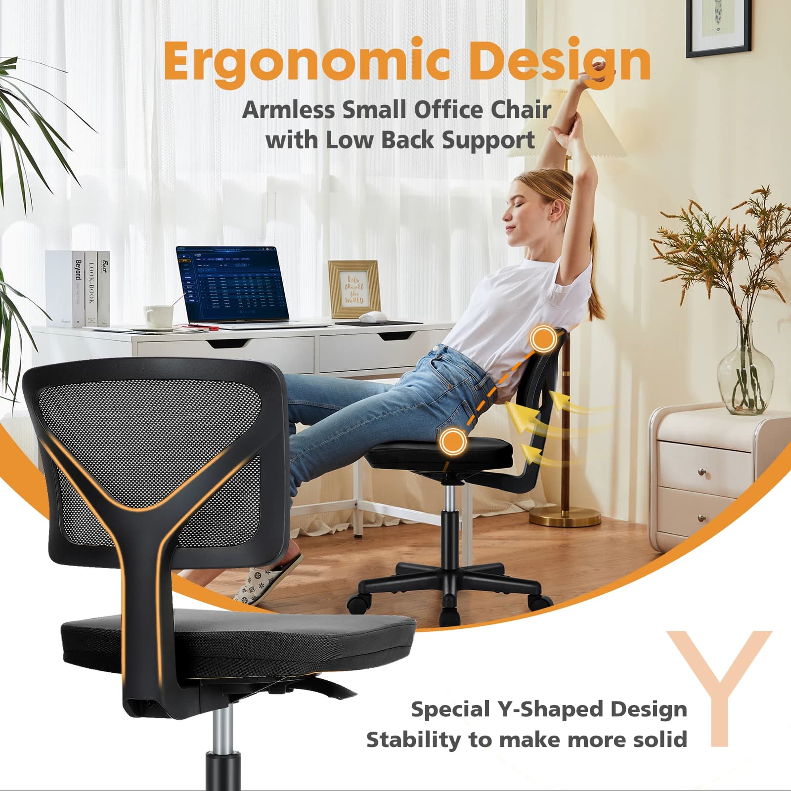 Armless Office Chair | Low Back with Lumbar Support | 360° Swivel Adjustable Computer Chair - Thumbnail 5