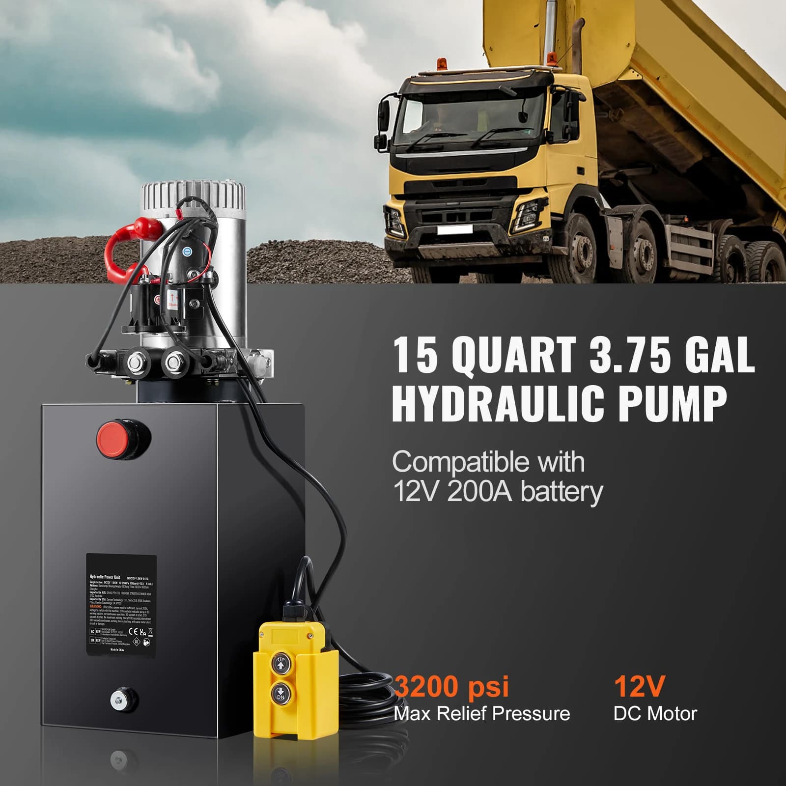 12V Hydraulic Power Unit | 15 Quart Double-Acting Pump | Dump Trailer & Equipment - Thumbnail 2