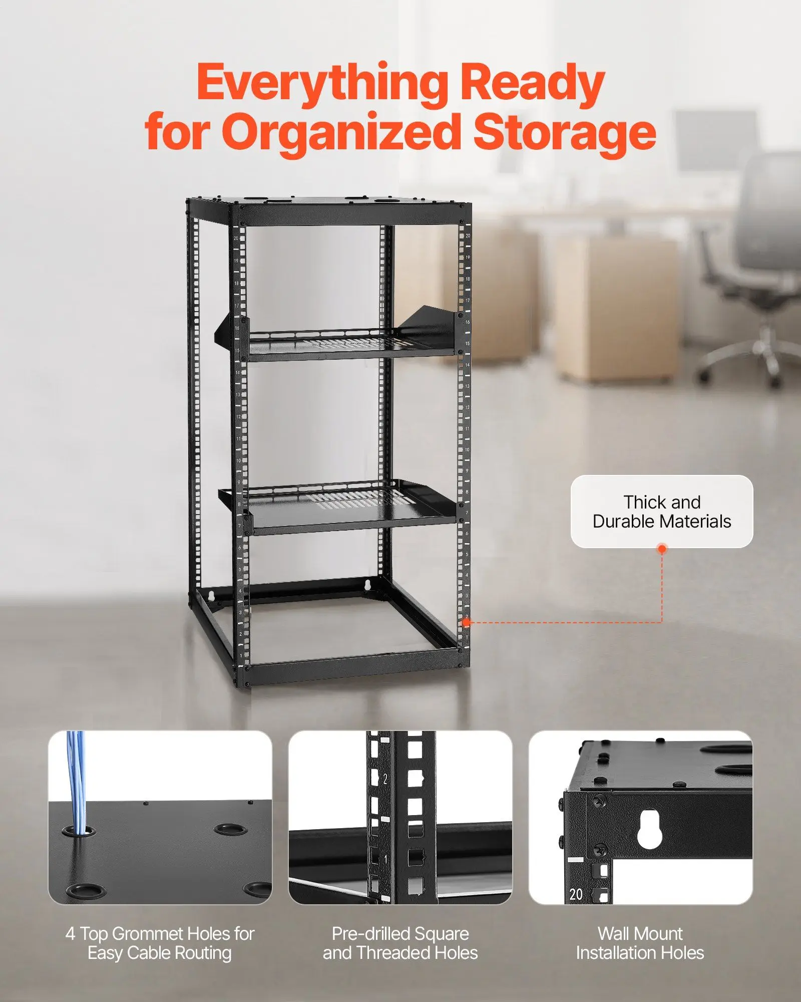 20U Open Frame Server Rack | Heavy-Duty 4-Post Design | Wall or Floor Mount - Thumbnail 4