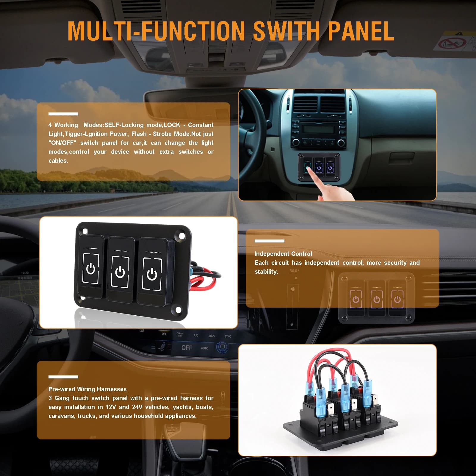 Marine-Grade Switch Panel | 12V/24V Touchscreen Control with USB Charger & Voltmeter - Thumbnail 4