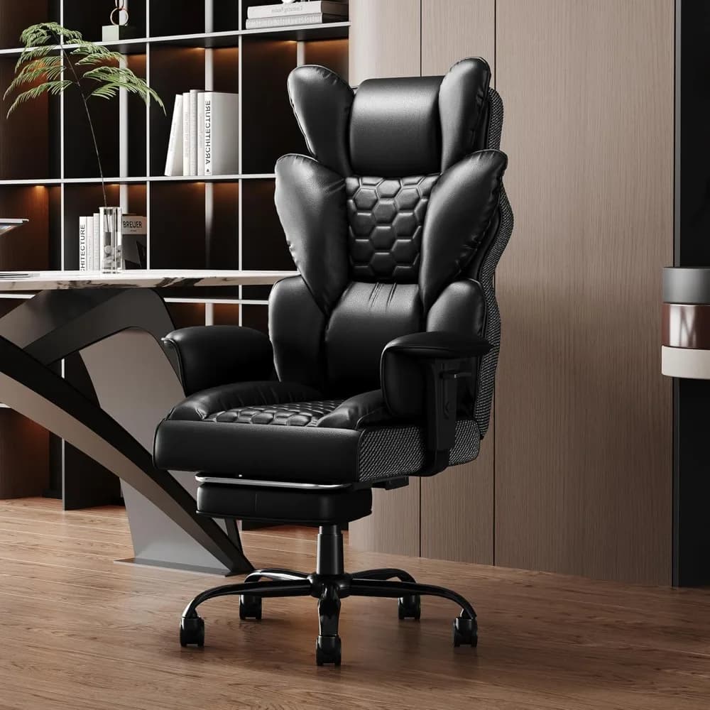 High-Back Executive Office Chair | PU Leather Recliner with Footrest | Padded Swivel Computer Chair - Thumbnail 2