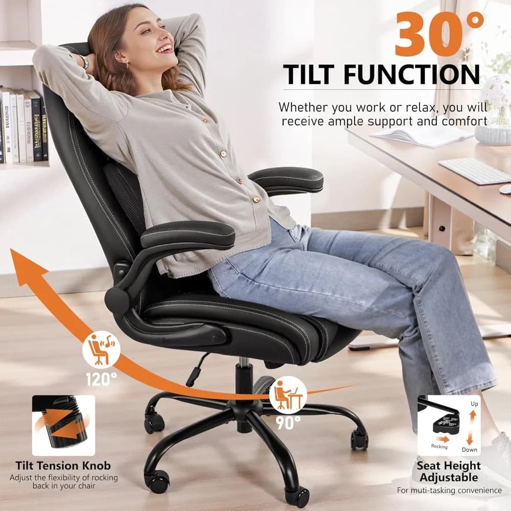 Ergonomic Office Chair | Lumbar Support for Back Pain Relief | Leather Chair with Flip-up Arms - Thumbnail 6