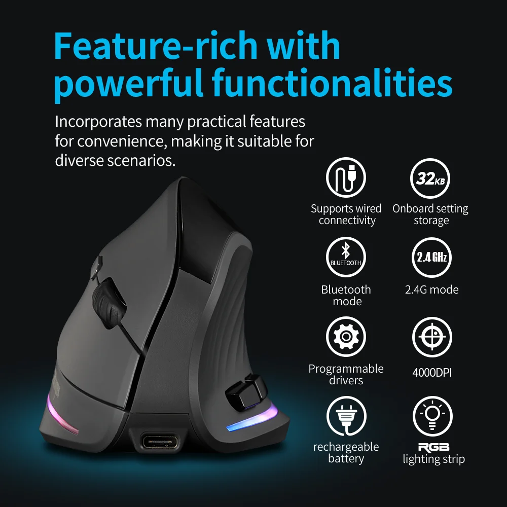 Vertical Wireless Mouse | 2.4GHz Rechargeable | For PC, Mac & Laptop | F35 Series - Thumbnail 3