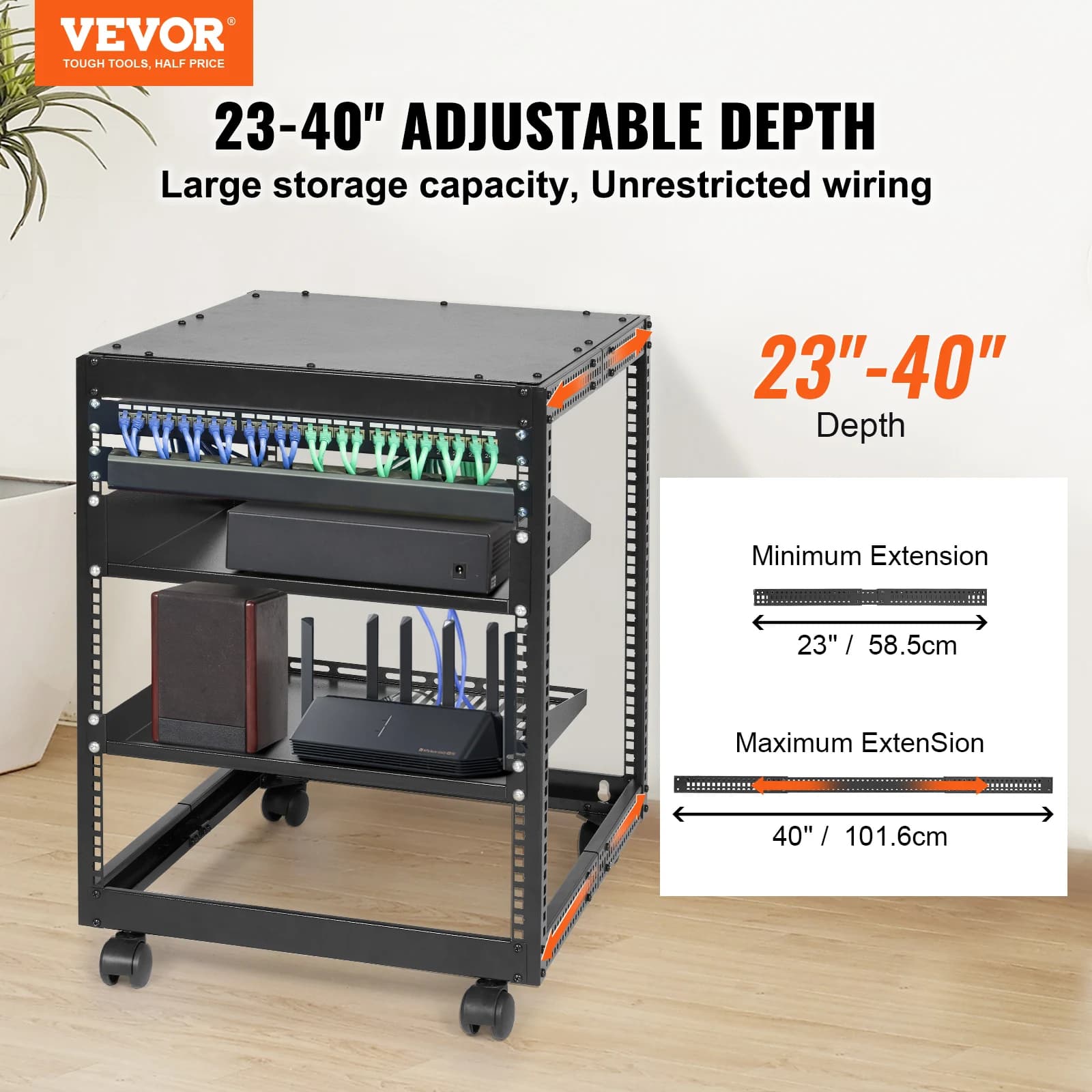 SucceBuy Open Frame Server Rack 12U/15U/20U Floor Standing or Wall Mounted with Adjustable Depth for Microdata Center Office Use - Thumbnail 3