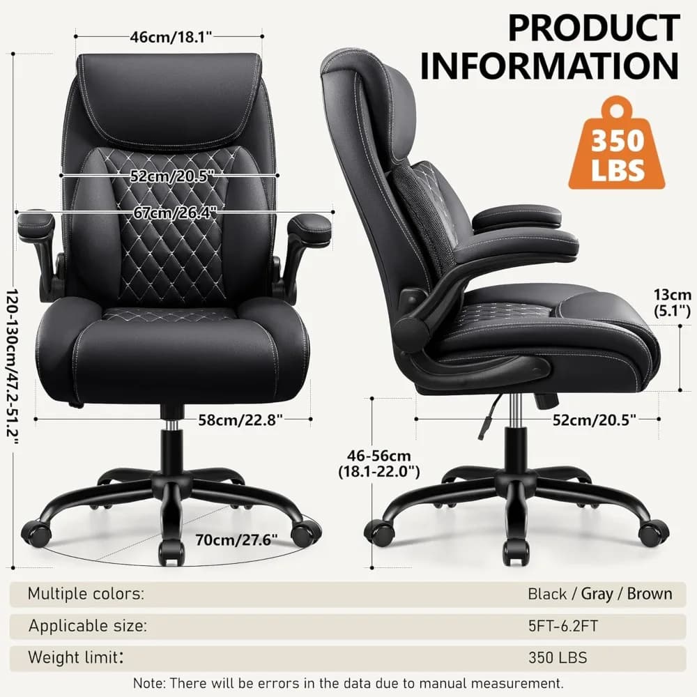 Ergonomic Office Chair | Lumbar Support for Back Pain Relief | Leather Chair with Flip-up Arms - Thumbnail 3