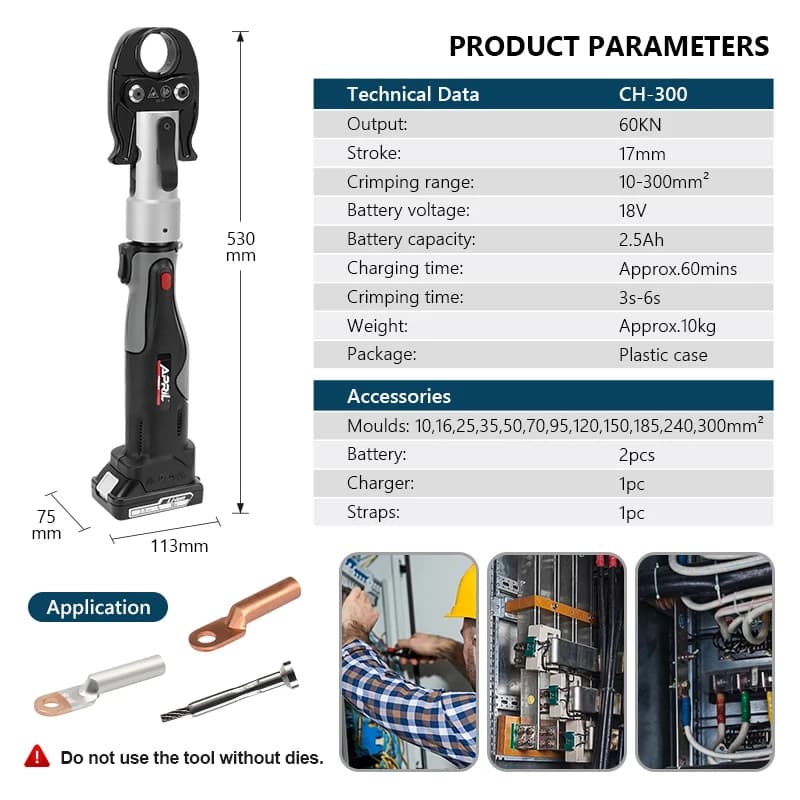 Hydraulic Cable Crimping Tool | CH-300 | 10-300mm² Range | Rechargeable Li-ion Battery - Thumbnail 6