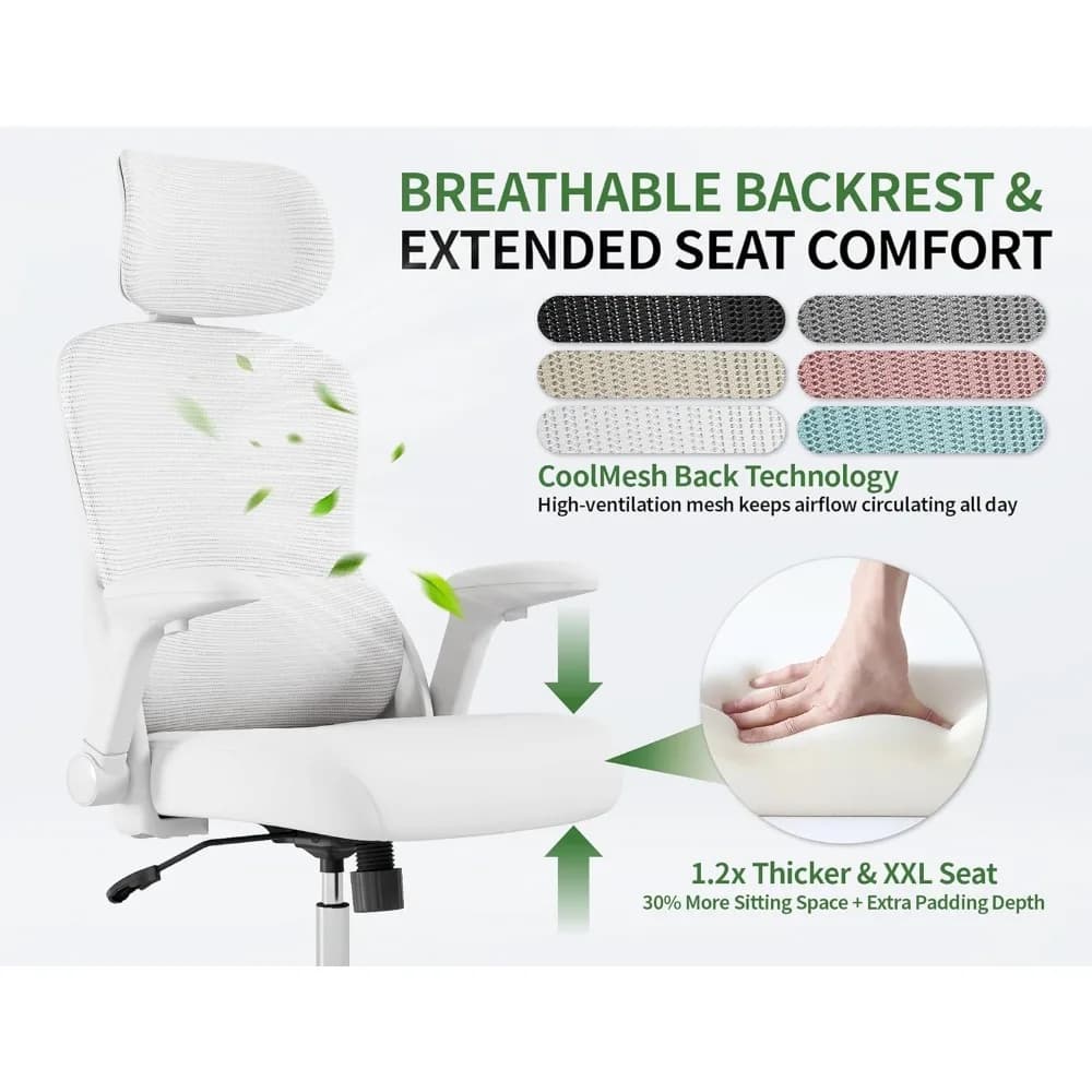 High-Back Ergonomic Office Chair | 400lb Weight Capacity & Adjustable Lumbar Support | White Mesh Computer Chair - Thumbnail 3