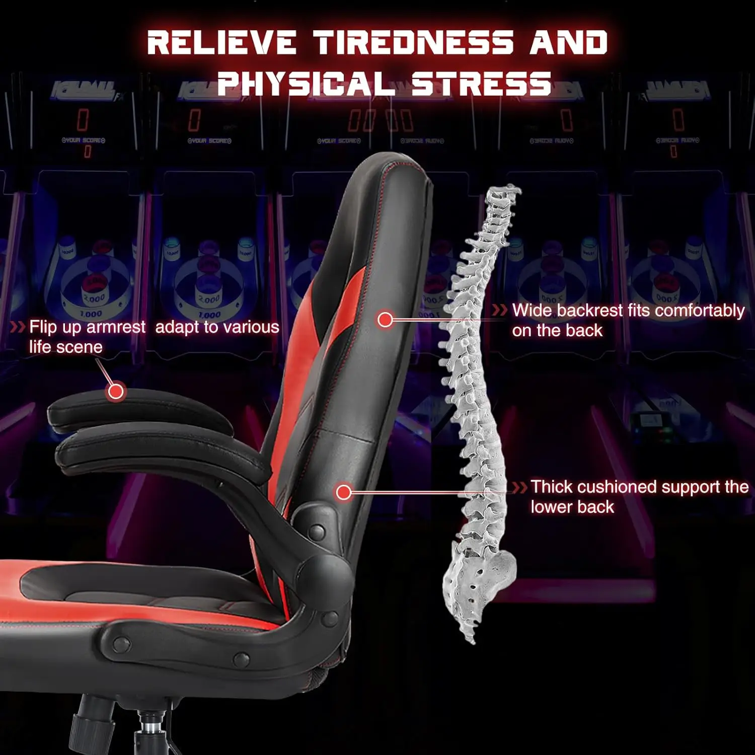 Red Ergonomic Chair | Flip-up Armrests & Adjustable Height | PU Leather Gaming & Office Desk Chair - Thumbnail 5