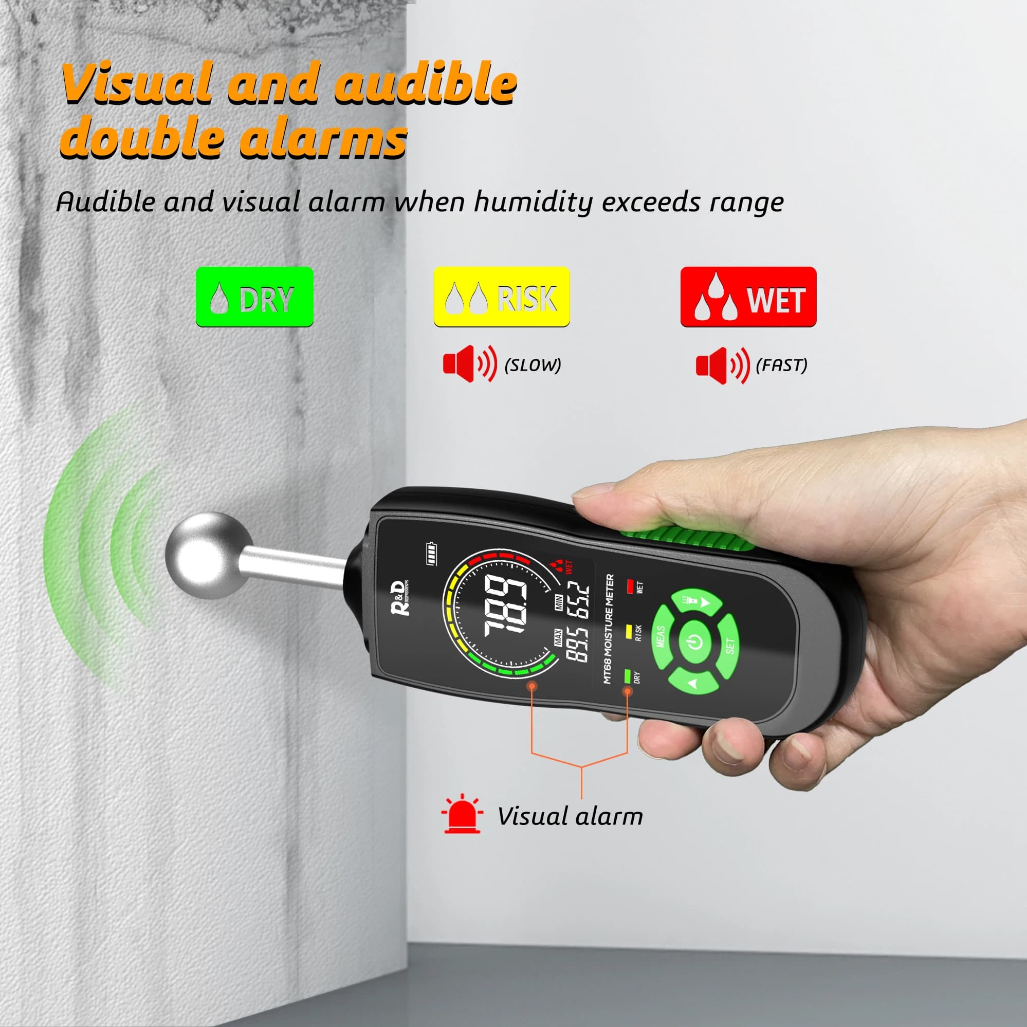 Moisture Meter for Wood & Building Materials | Non-Destructive Wall & Floor Scanner | R&D MT68 - Thumbnail 5