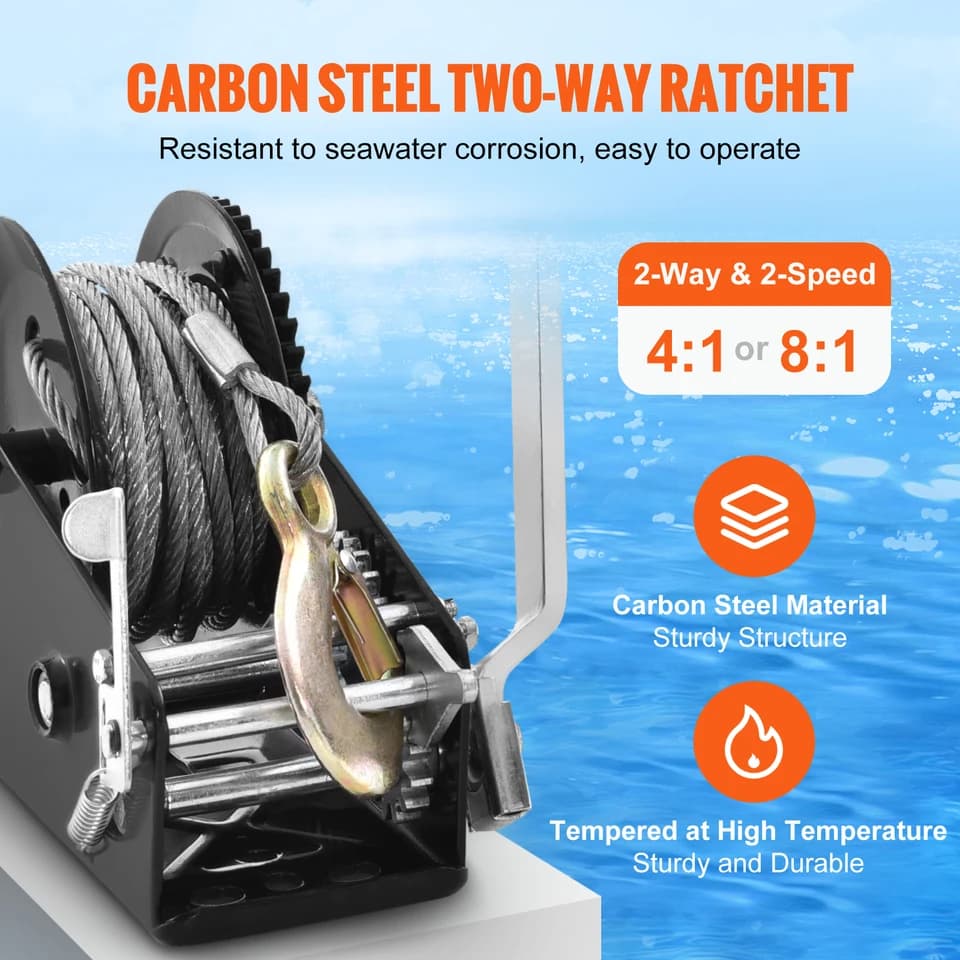 Crank Come Along Winch | Two-Way Ratchet | 33ft Steel Cable for Boats - Thumbnail 3