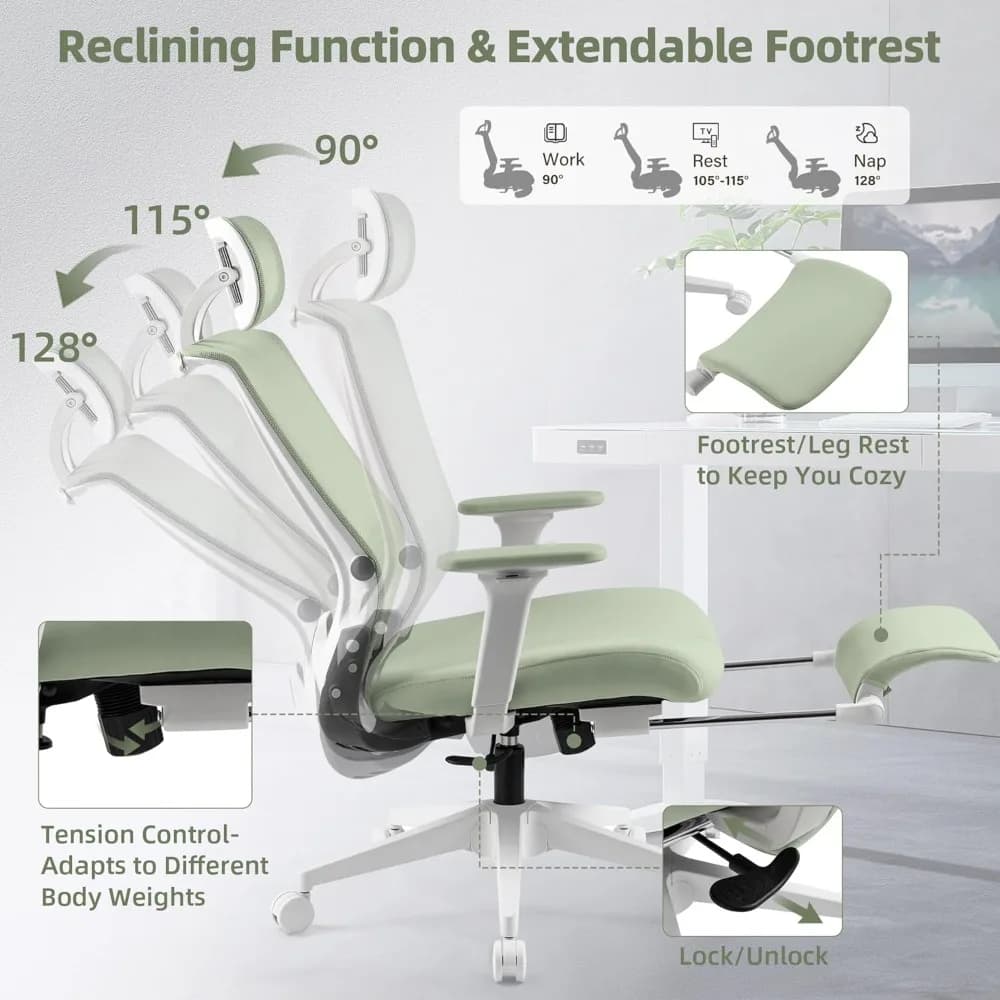 Office Chair with Footrest | Adjustable Lumbar Support & Headrest | Green Home Office Chair - Thumbnail 5