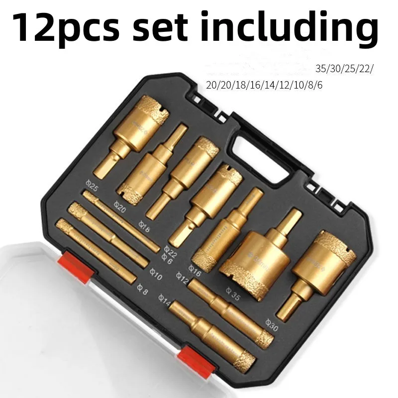 Diamond Core Drill Bit Set | 12-Piece for Granite, Tile & Stone | Vacuum Brazed for Angle Grinder - Thumbnail 2