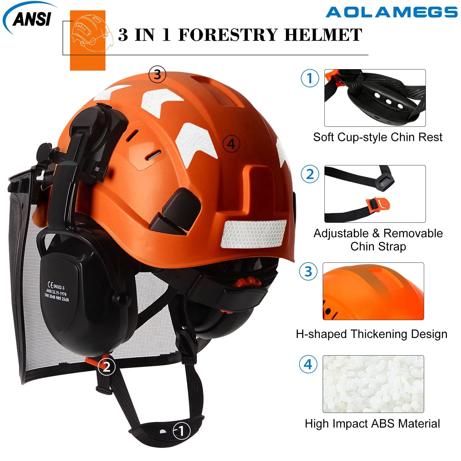 Face Mesh Shield Helmet | Forestry Chainsaw & Brushcutter Protection | Reflective Hard Hat - Thumbnail 3