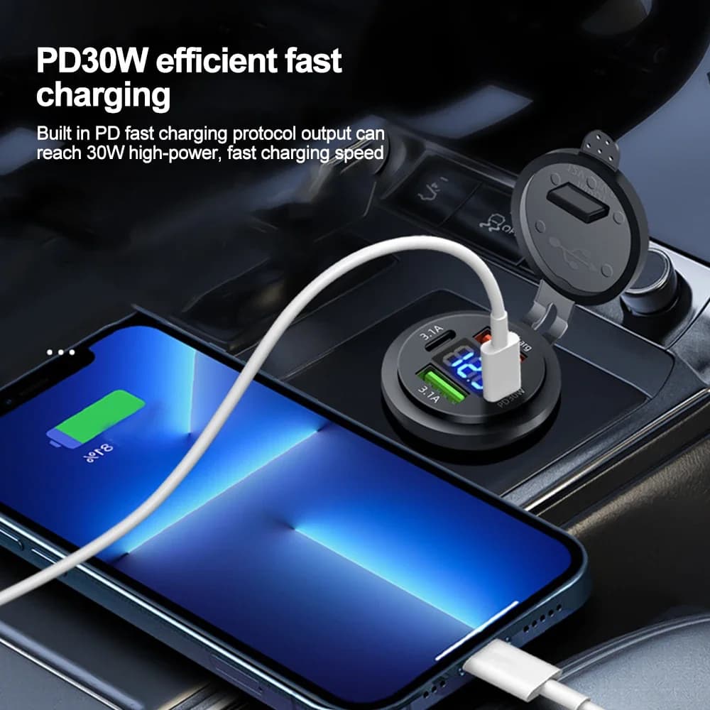 83W Car Charger Outlet | PD30W Dual USB-C & USB-A | Voltmeter for 12V-24V Vehicles - Thumbnail 2