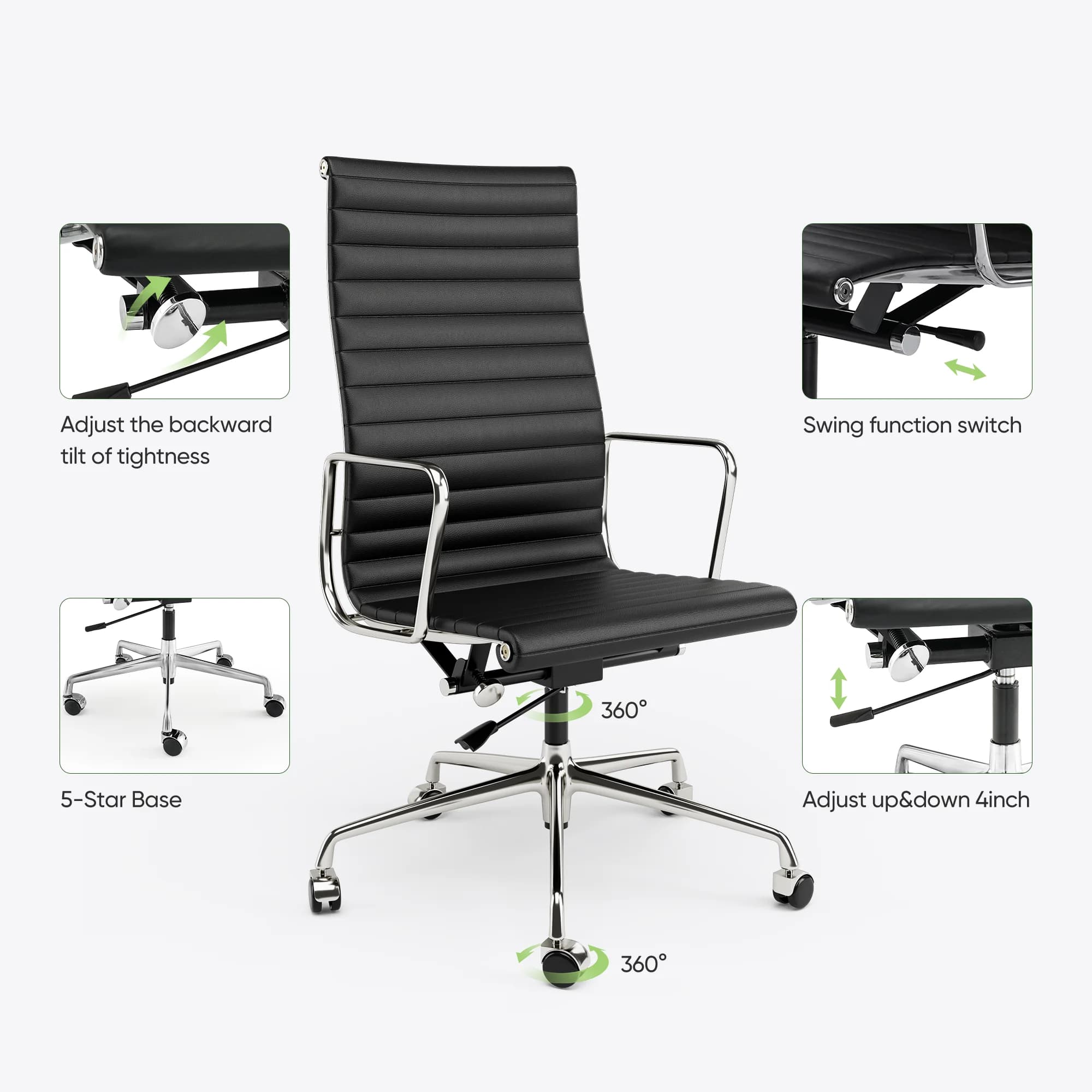 Genuine Leather Office Chair | High-Back Ergonomic Design | Adjustable Swivel Executive Chair - Thumbnail 4