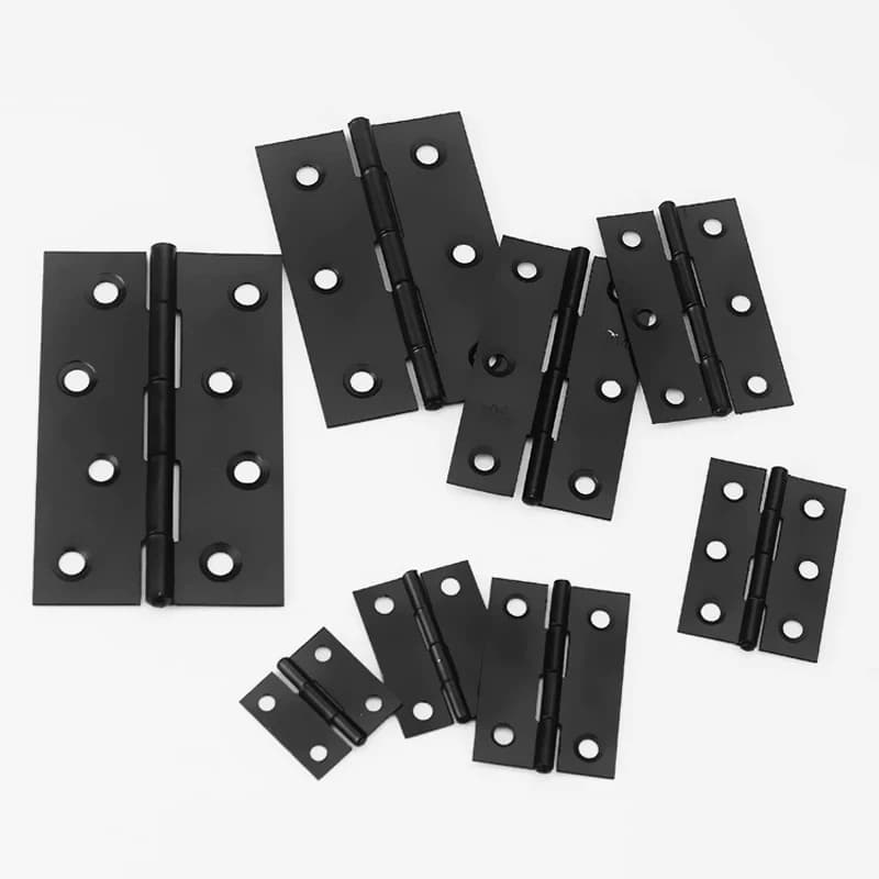 WV black stainless steel butt hinges with mounting plates and screws for doors, cabinets, drawers, and furniture applications.