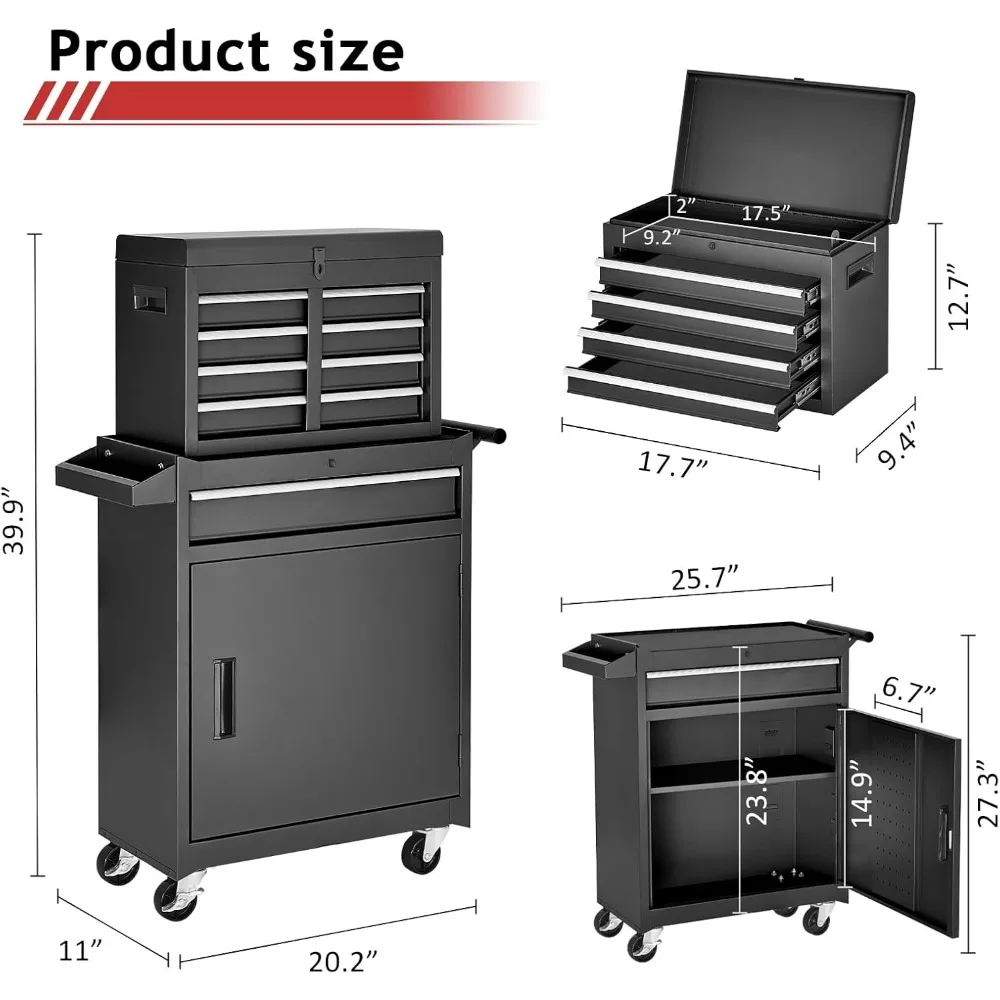 Tool Storage Cabinet | Detachable Top Box & Metal Cart | Garage Workshop Organizer - Thumbnail 3