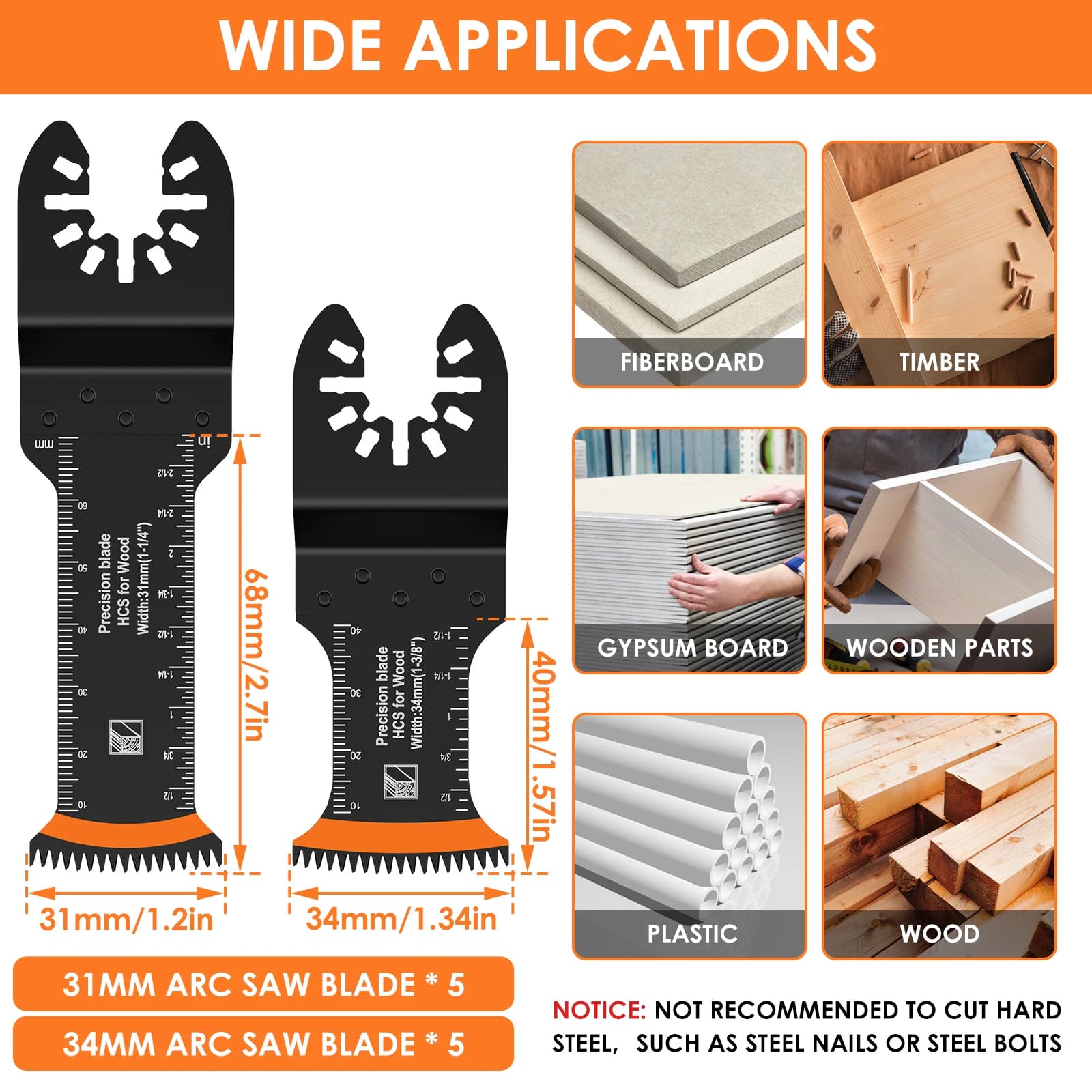 Oscillating Saw Blades | 8-10Pcs High-Carbon Bi-Metal | Curved Edge Wear Resistant - Thumbnail 2