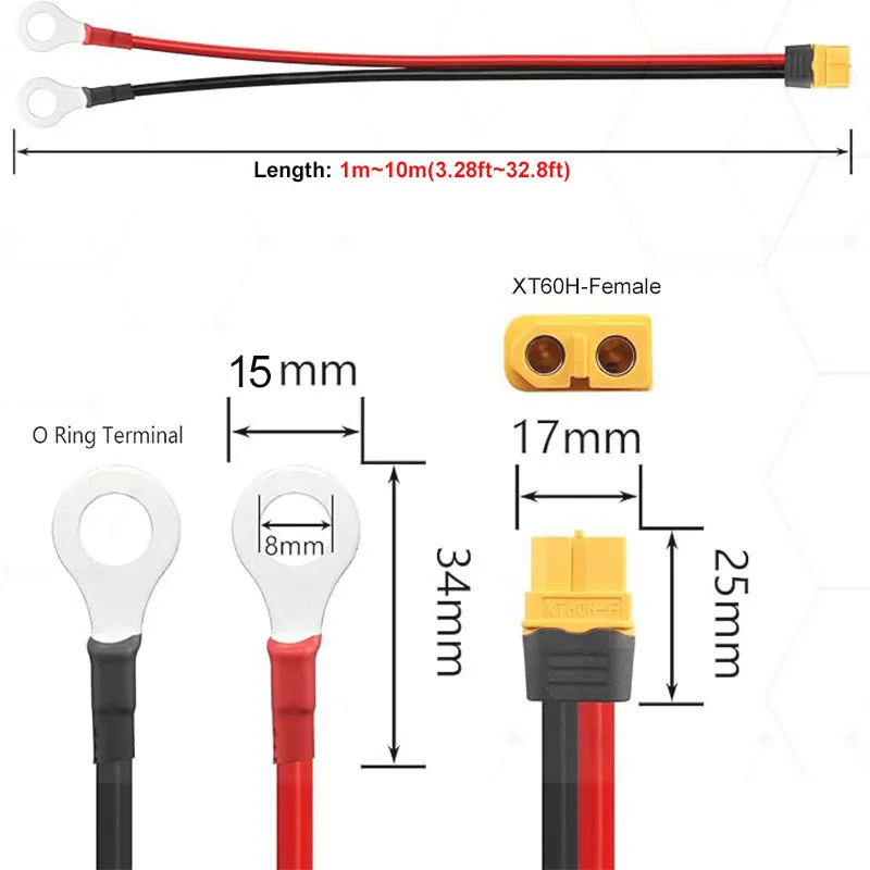XT60 to M8 O-Ring Terminal Cable | 12/10 AWG Silicone | 1-10 Meter Custom Length - Thumbnail 2