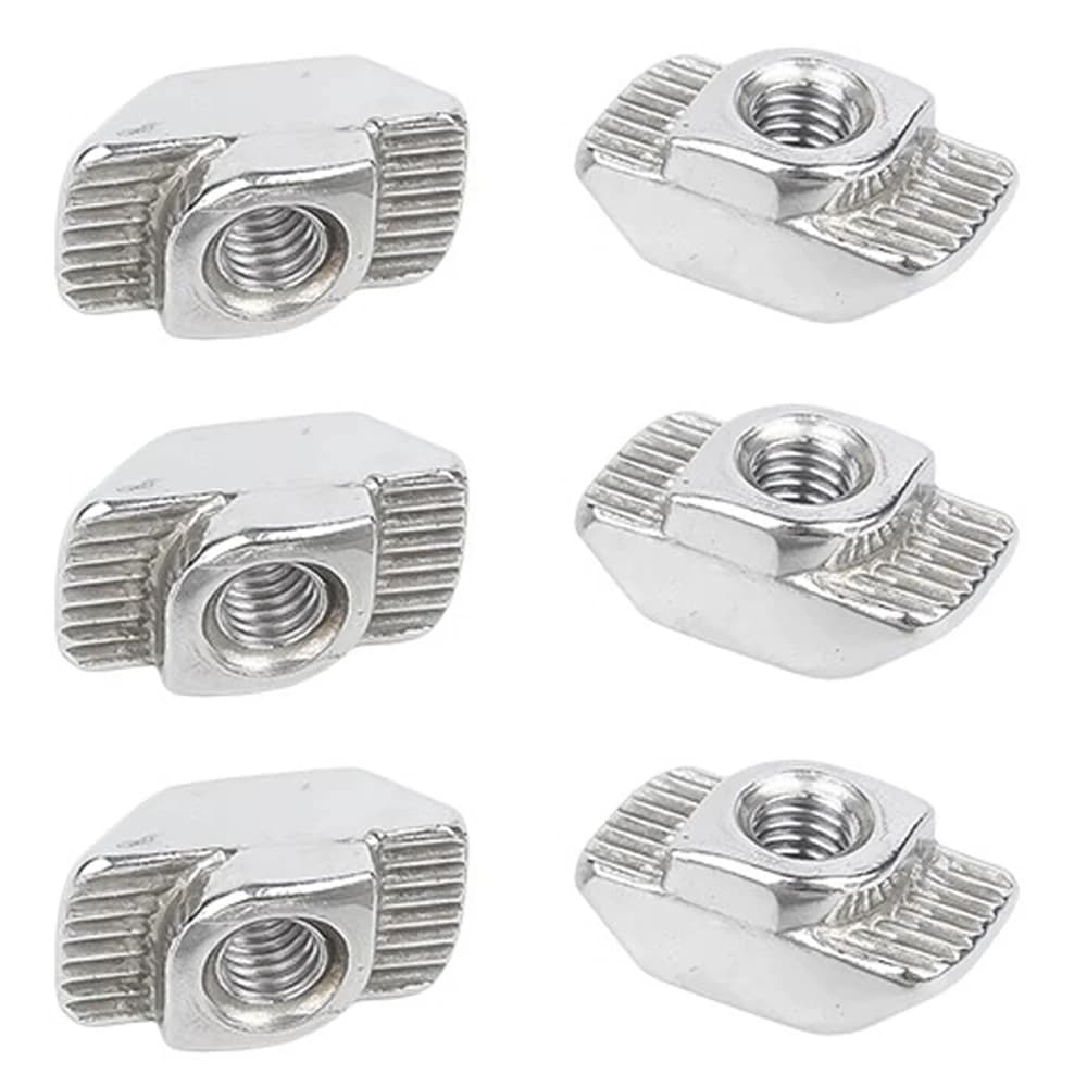 Nickel-plated T-nut connectors for 20/30/40/45 series aluminum extrusion profiles, available in M3-M8 sizes with hammer head slot design.