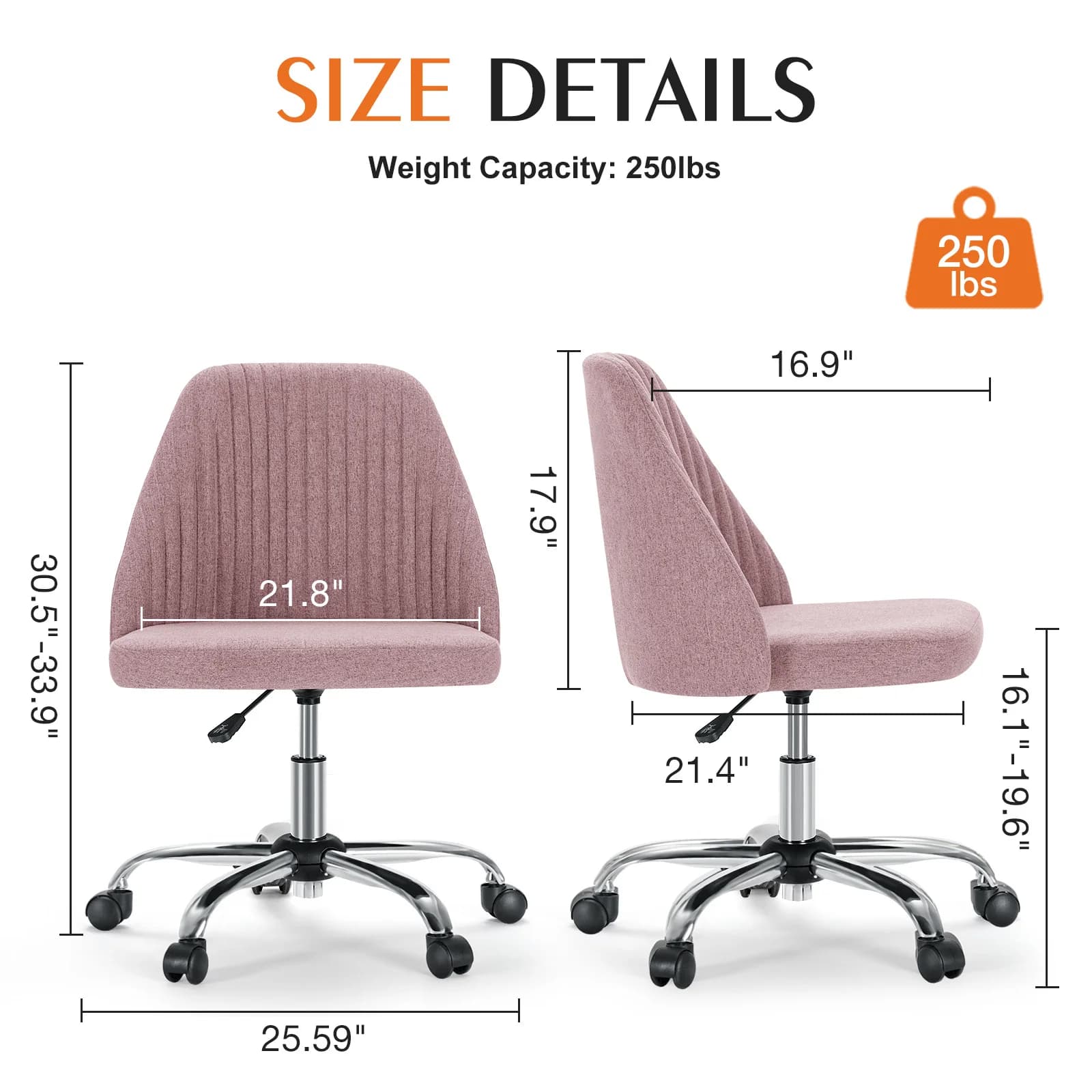 Armless Desk Chair | Modern Fabric Swivel | Cute Vanity & Home Gaming Task Chair - Thumbnail 2