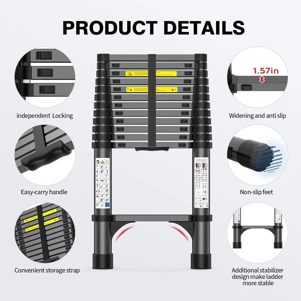 Telescoping Ladder | 330lb Heavy-Duty Aluminum | Anti-Slip Steps for Secure Roof & Attic Access - Thumbnail 4