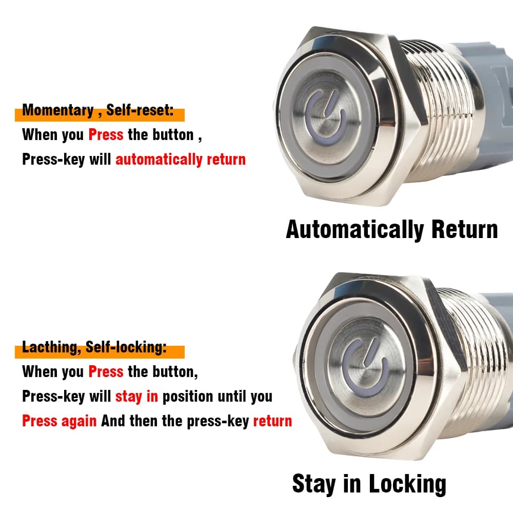 Waterproof Push Button Switch | 12V-220V LED Illuminated | 12-22mm Panel Mount - Thumbnail 6