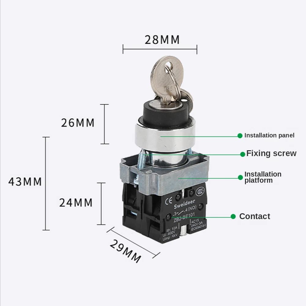 22mm Key Switch | Self-Locking & Reset Selector Knob | 1NO/2NO/1NO1NC Configurations - Thumbnail 4