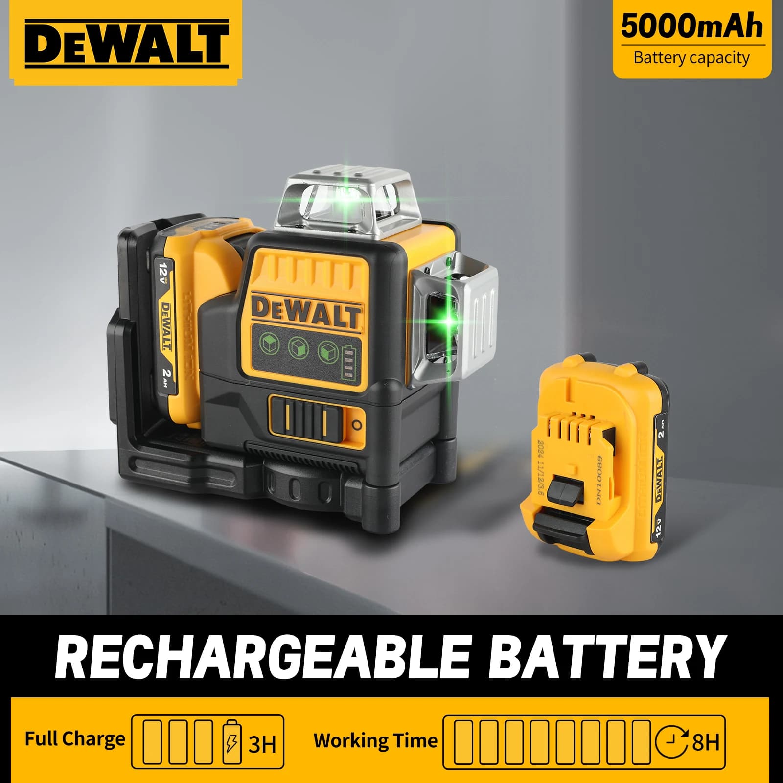 DeWalt DW089LG Self-Leveling Green Laser Level | 12V Cordless | 12-Line 360° Precision - Thumbnail 2