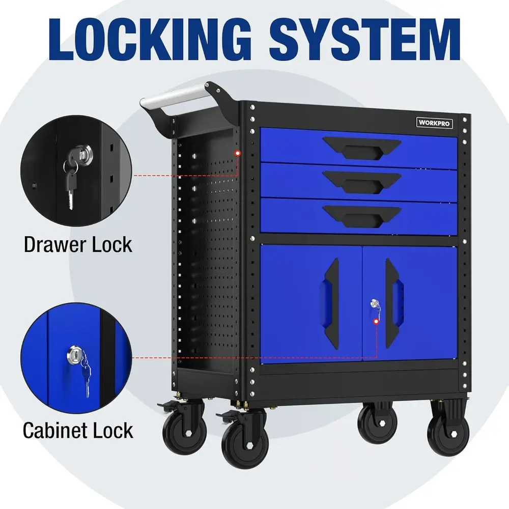 3-Drawer Steel Tool Chest | 27.5 Inch with Lock & Wheels | Garage Workshop Storage - Thumbnail 4