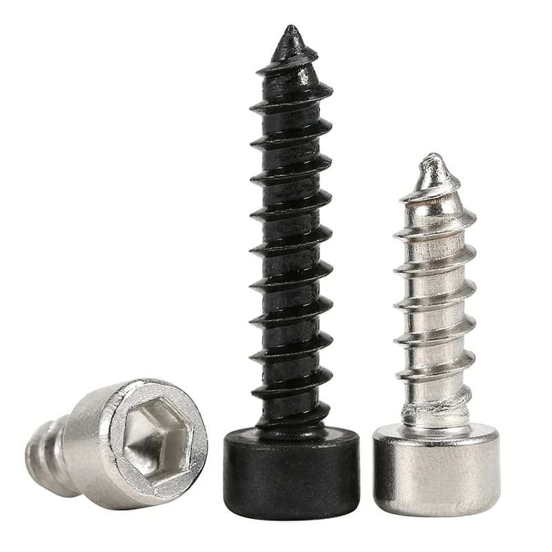 Nickel-plated black zinc cup head hexagonal self-tapping screws in stainless steel, available in M4, M5, and M6 sizes for wood and general applications.