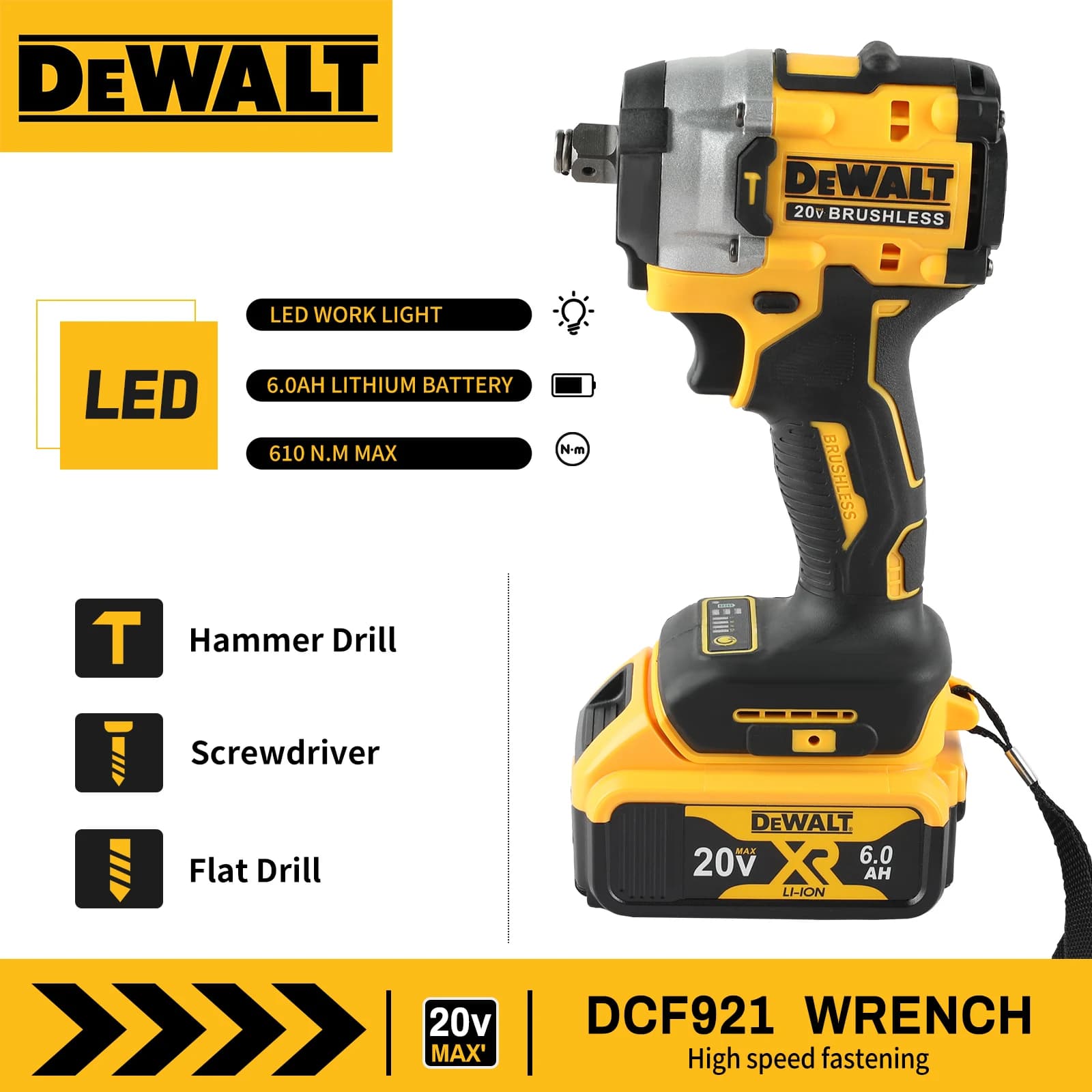 DeWalt DCF921 Atomic 1/2-Inch Impact Wrench | 20V MAX Cordless Power | Fast-Charging Battery Included - Thumbnail 5