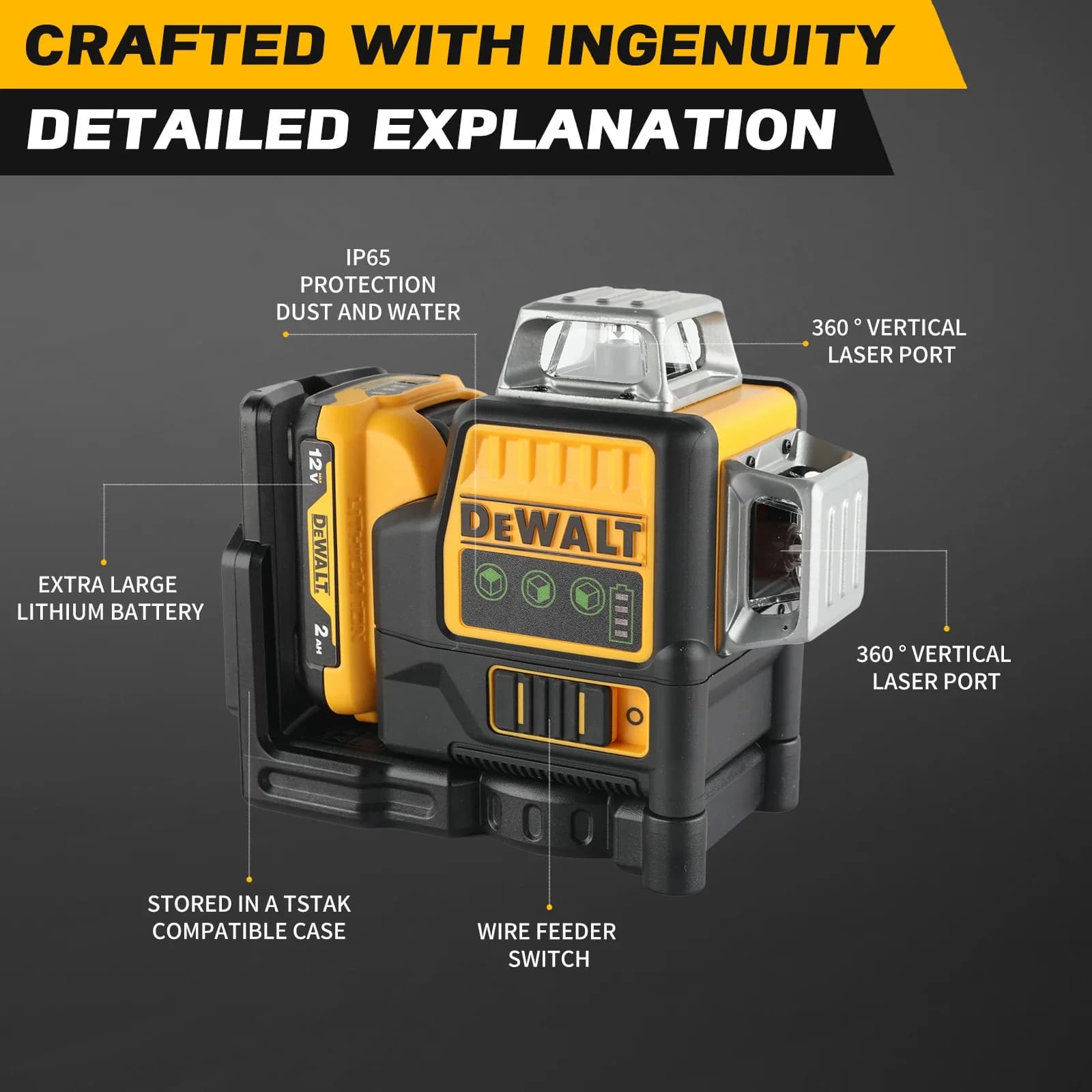 DeWalt DW089LG 12V Green Beam Laser Level | 360° Vertical & Horizontal Line | Outdoor Construction Grade - Thumbnail 3