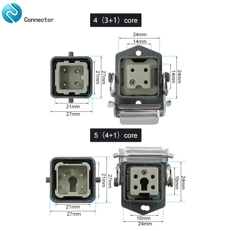 HDC-HA Rectangular Heavy Duty Connector 4, 5, 6, 8 pin waterproof Aviation industry plug socket 250V 10A/16A Zinc alloy housing - Thumbnail 6