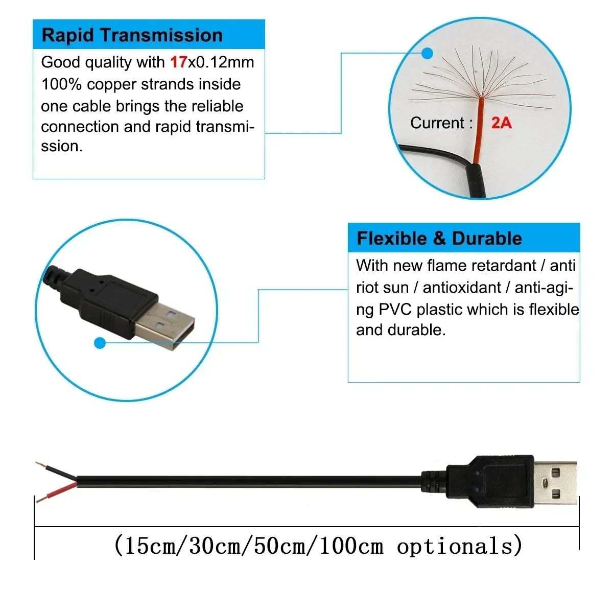 12V USB Power Cable | Stripped Pigtail Connector for LED Strips & DIY Electronics Repair - Thumbnail 2