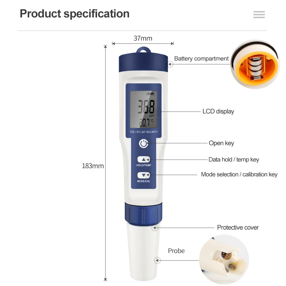 Digital Water Quality Tester | 5-in-1 pH, TDS, EC, Salinity, Temperature Meter | Backlit Display for Aquariums - Thumbnail 6