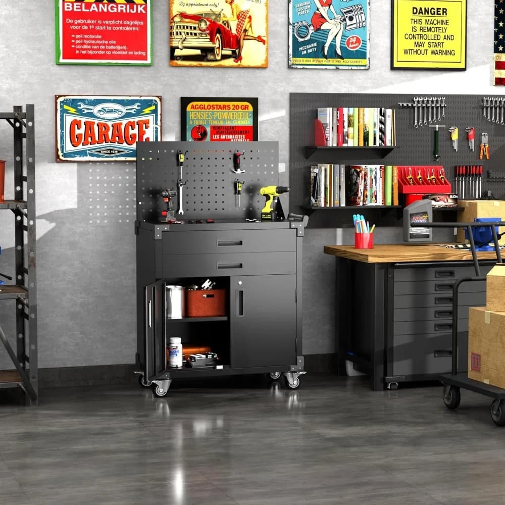 Tool Cart with Pegboard | 2-Drawer Garage Cabinet on Wheels | Utility Service Cart - Thumbnail 6