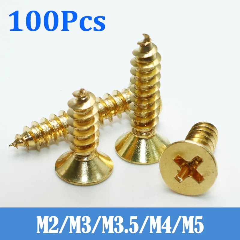 Brass Wood Screws | M2 M3 M4 M5 Self-Tapping | Cross Recessed Countersunk Flat Head - Thumbnail 2