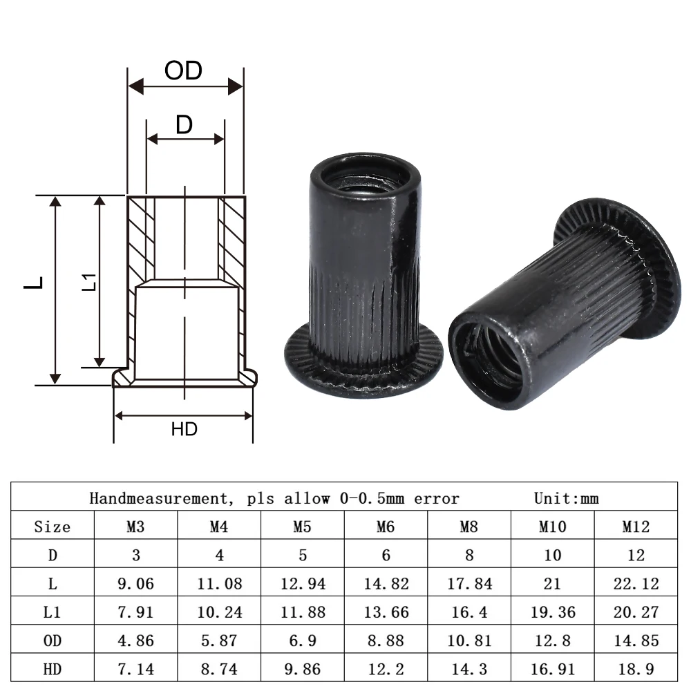 M3-M12 Rivet Nut Inserts | Carbon Steel Flat Head Nutserts | 5-50 Pcs Threaded Hammer Caps - Thumbnail 3