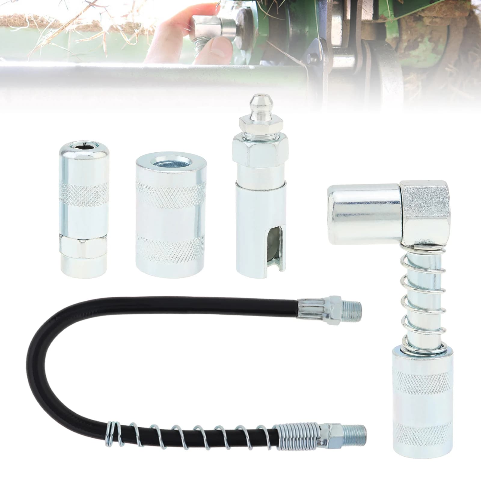 Grease Gun Coupler Set | 5-Piece Nozzle Adapters | 30mm Connector for Tight-Space Lubrication - Thumbnail 2