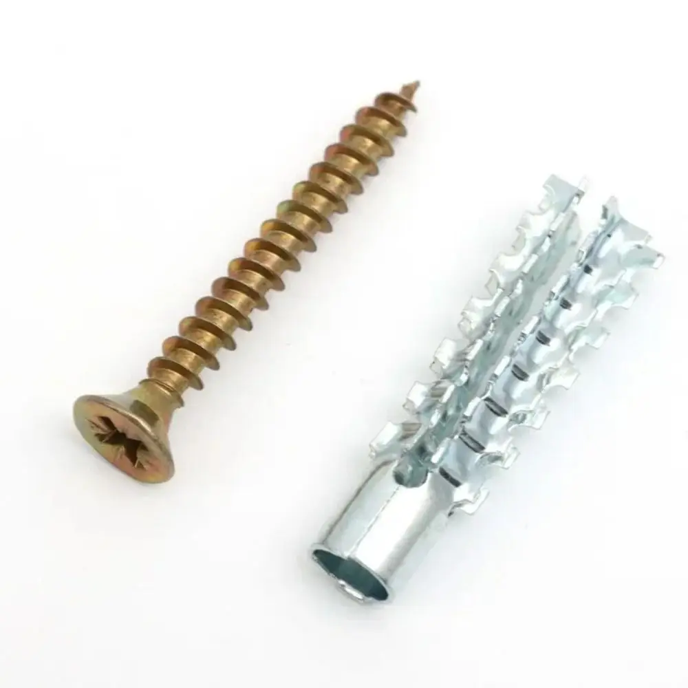 Serrated expansion tube and self-tapping screw kits for anchoring into concrete walls, available in sets of 20, 50, or 100 pieces.