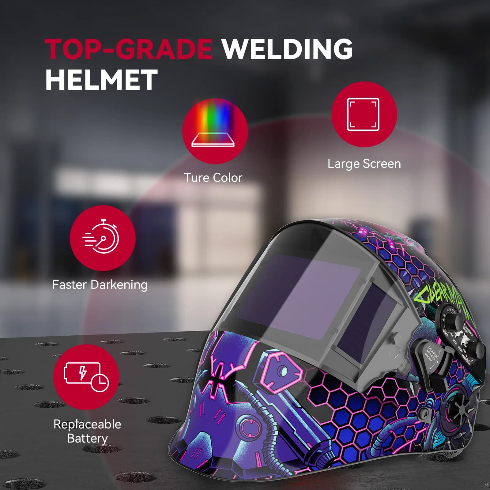 Auto-Darkening Welding Helmet | True-Color Large View Lens | Solar-Powered Flip-Up Design - Thumbnail 2