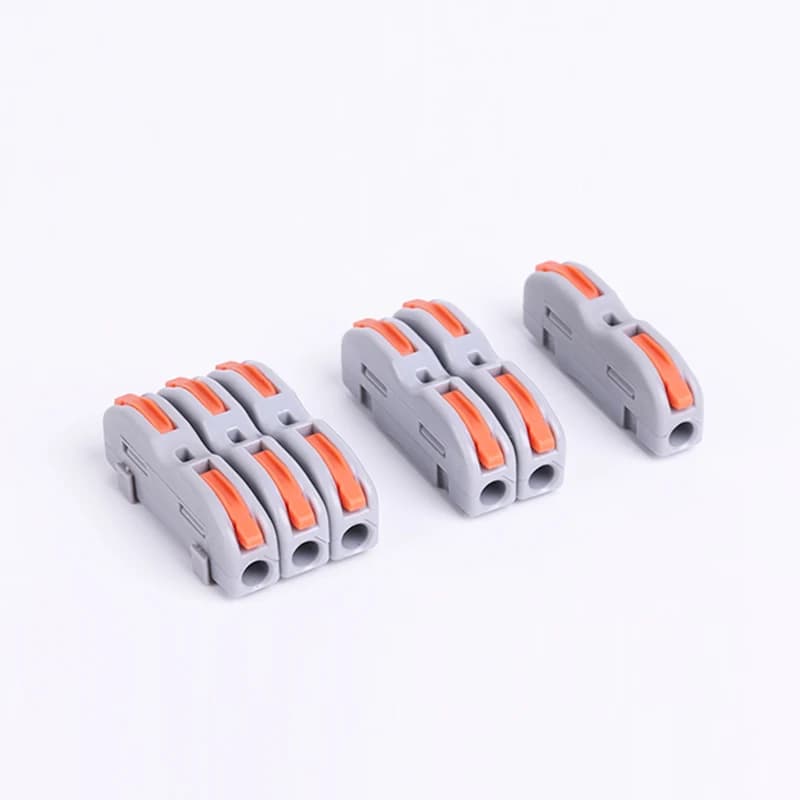 Universal compact push-in terminal block splitter with 1 input and 6 outputs for fast electrical wiring connections.