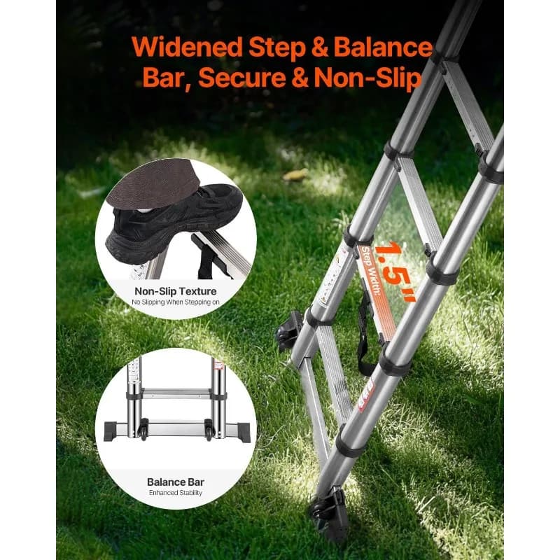 Telescoping Ladder | 16.5ft Stainless Steel Extension | A-Frame Step Ladder Design - Thumbnail 4